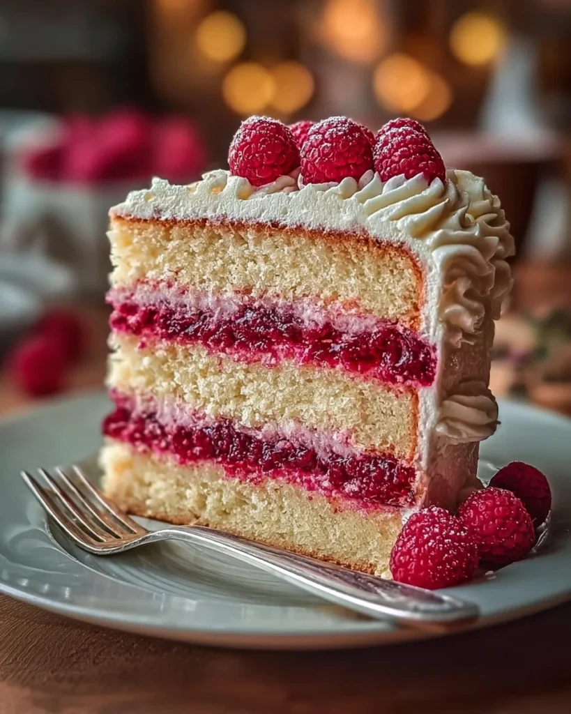 Delicious Raspberry Cream Cheese Layer Cake with cream cheese frosting and fresh raspberries