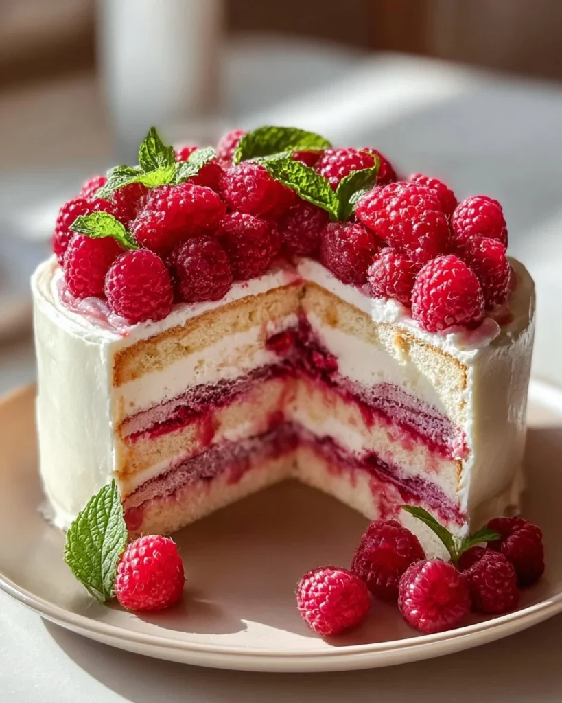 Delicious Raspberry Cream Cheese Layer Cake with fresh raspberries and cream cheese frosting.