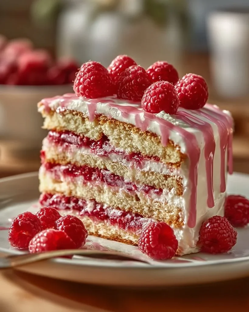 Slice of Raspberry Cream Cheese Layer Cake topped with fresh raspberries