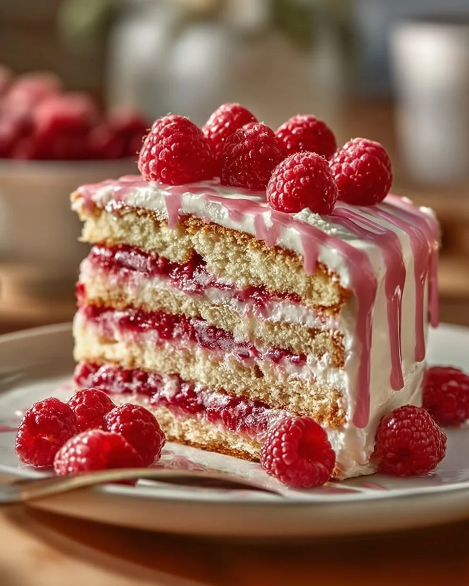 Slice of Raspberry Cream Cheese Layer Cake topped with fresh raspberries