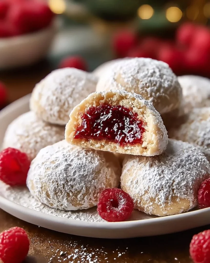 Raspberry Filled Almond Snowball Cookies, a delicious treat for any occasion.