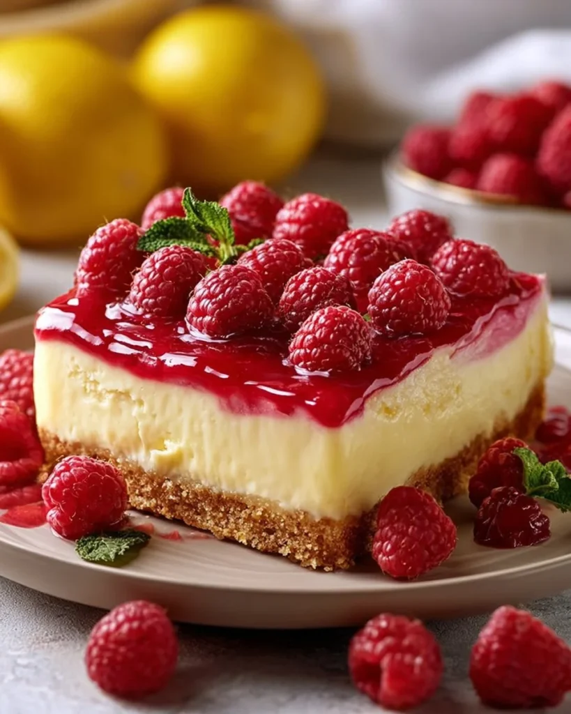 Slice of Raspberry Lemon Cheesecake topped with fresh raspberries