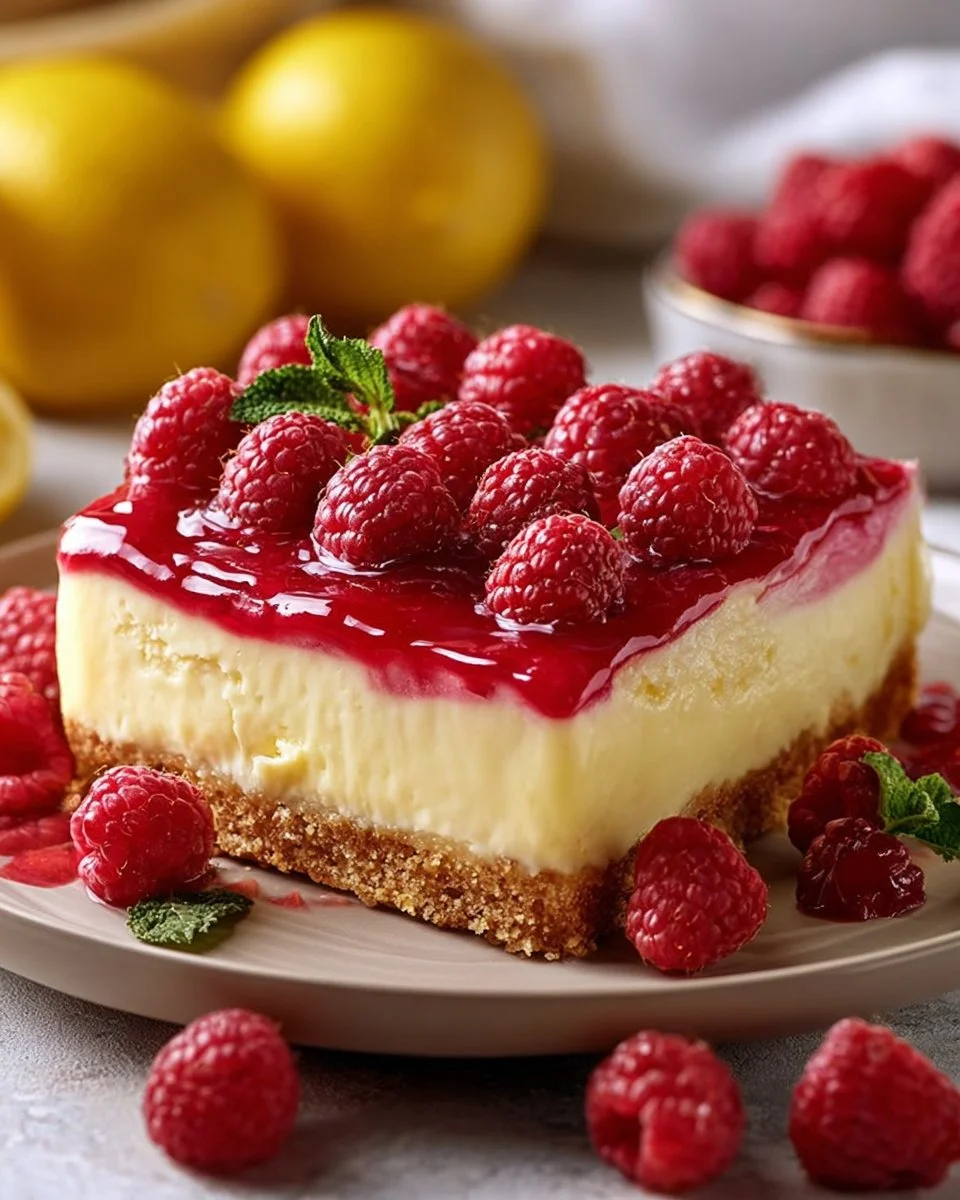 Slice of Raspberry Lemon Cheesecake topped with fresh raspberries