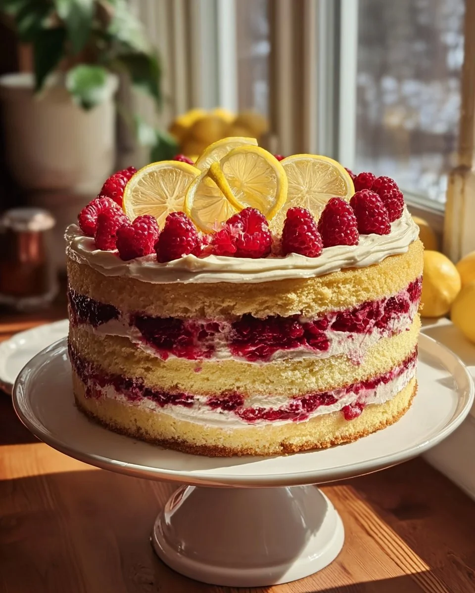 Delicious Raspberry Lemon Layer Cake with vibrant layers and fresh raspberries