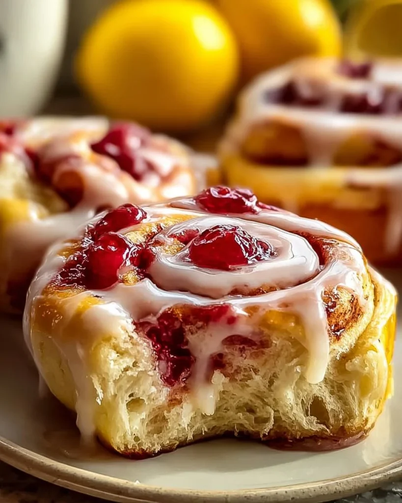 Freshly baked raspberry lemon rolls topped with sugar glaze