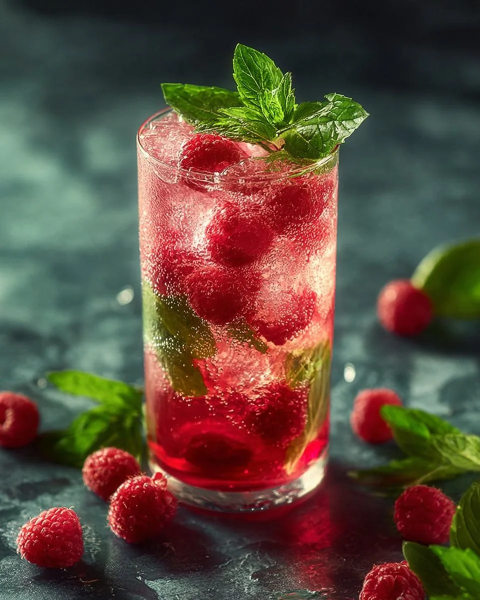 Fresh Raspberry Mojito with mint and lime in a glass