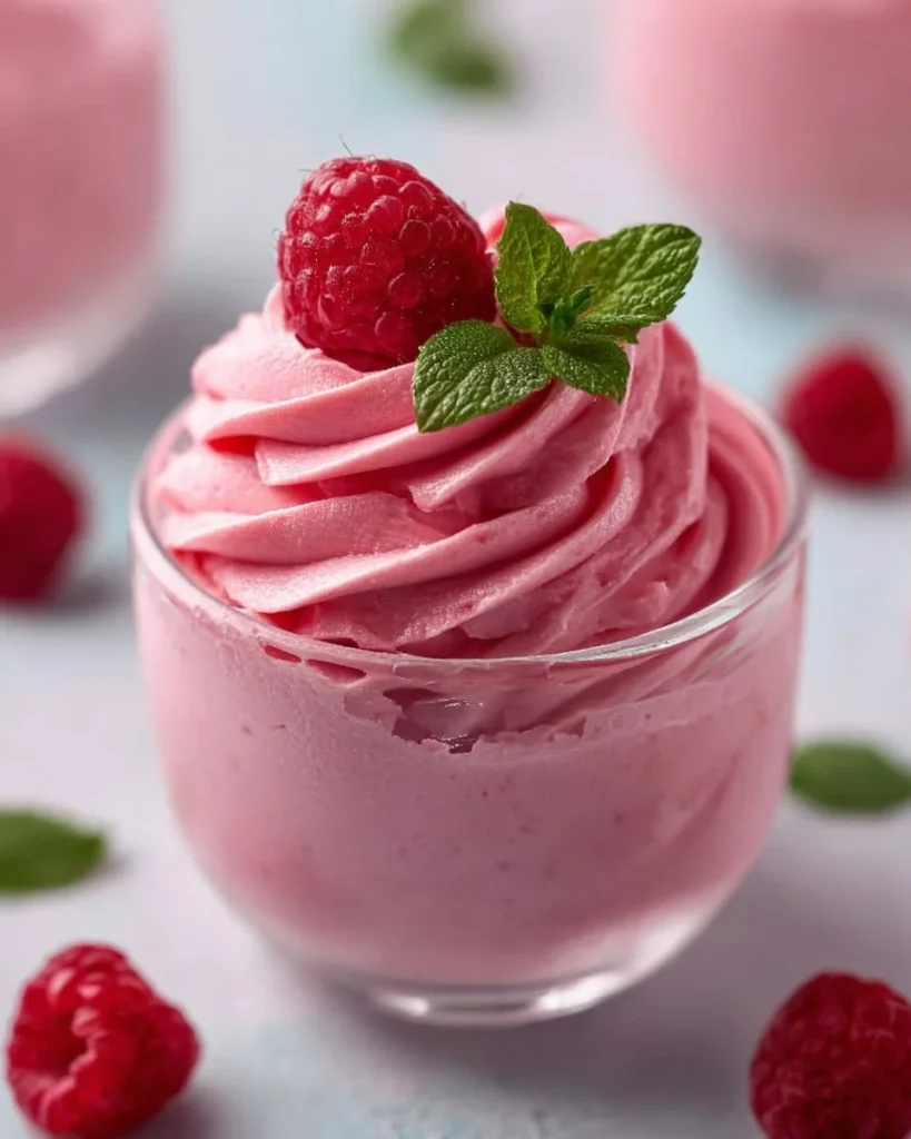 Delicious raspberry mousse dessert topped with fresh raspberries