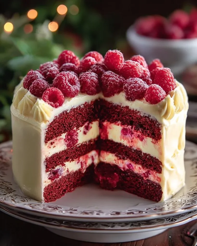 Delicious Raspberry Red Velvet Bliss cake with layers of raspberry flavor and vibrant red color