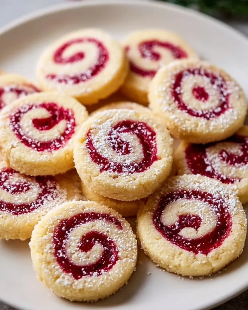 Raspberry Swirl Shortbread Cookies on a plate, elegantly presented with fresh raspberries.