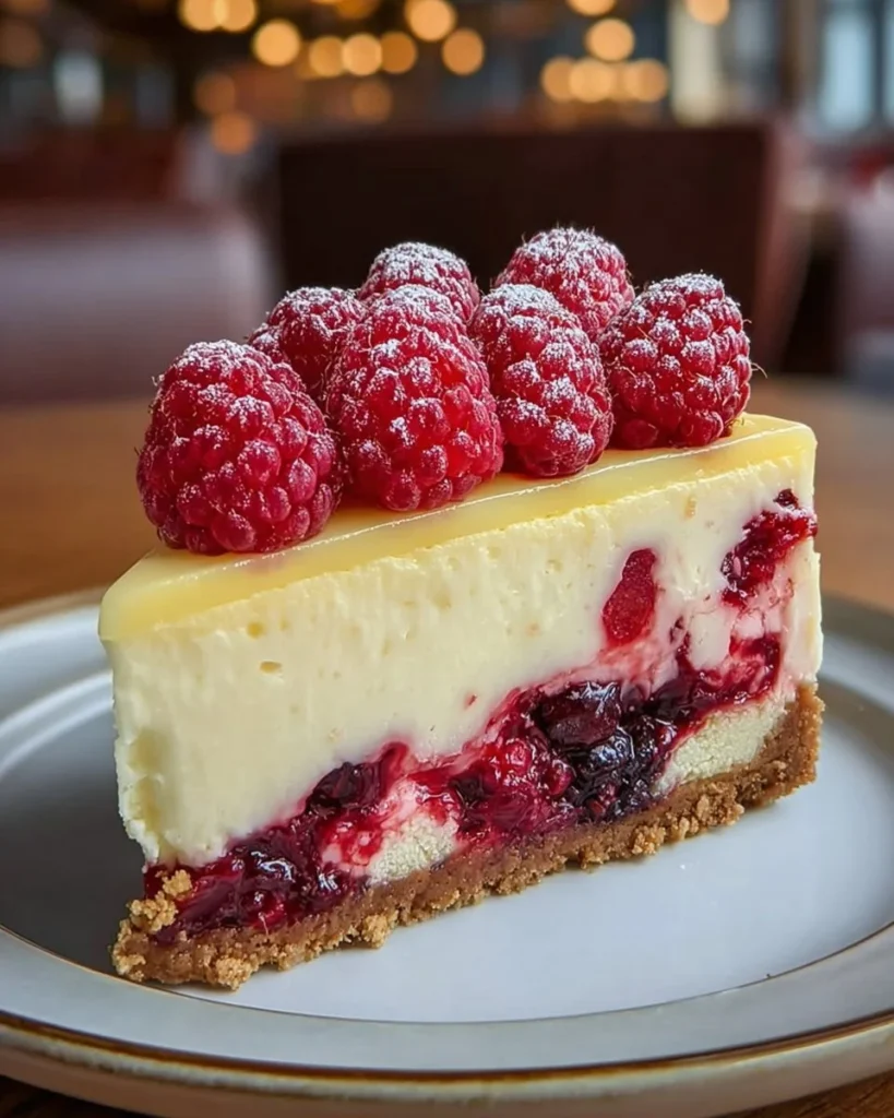 Delicious Raspberry White Chocolate Cheesecake with fresh raspberries on top