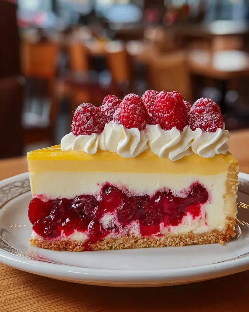 Delicious Raspberry White Chocolate Cheesecake with fresh raspberries on top