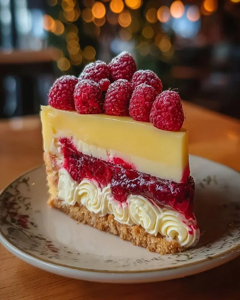 Delicious Raspberry White Chocolate Cheesecake topped with fresh raspberries.