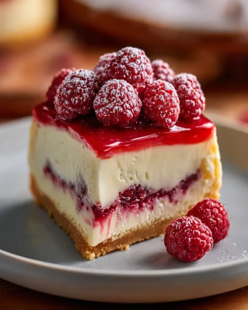 Slice of Raspberry White Chocolate Cheesecake with fresh raspberries on top