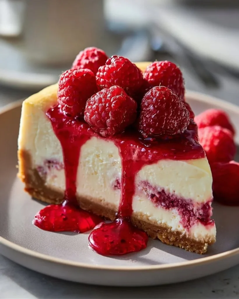 Slice of Raspberry White Chocolate Cheesecake topped with fresh raspberries
