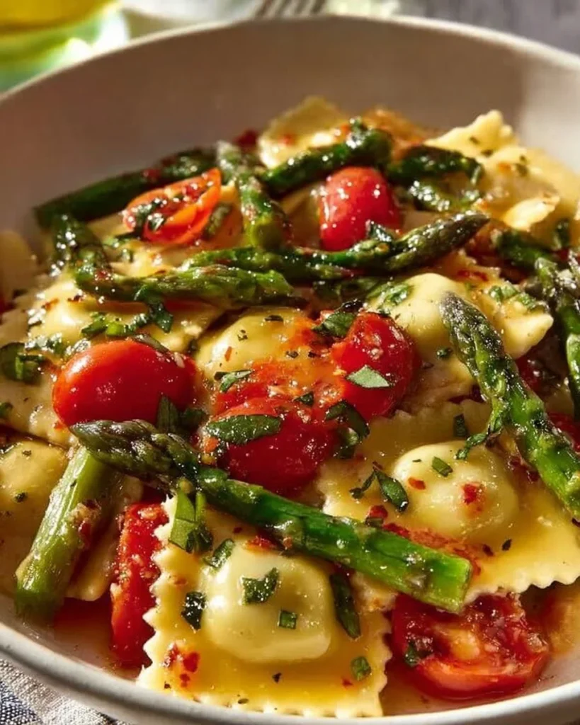 Delicious ravioli dish with tomatoes, asparagus, garlic, and fresh herbs