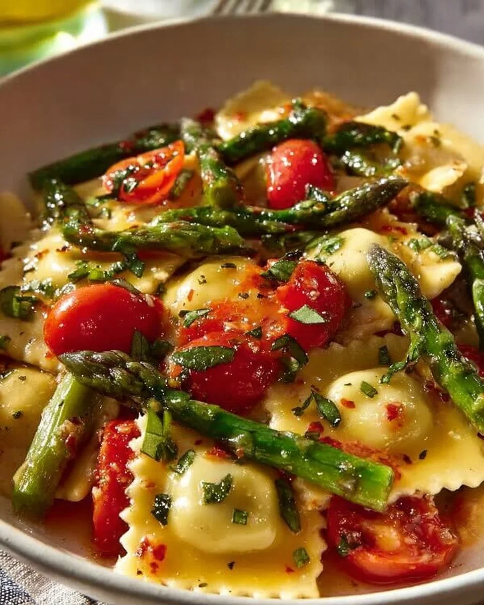 Delicious ravioli dish with tomatoes, asparagus, garlic, and fresh herbs