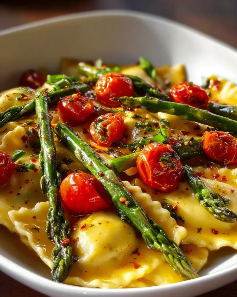 Ravioli with tomatoes, asparagus, garlic, and herbs served on a plate.