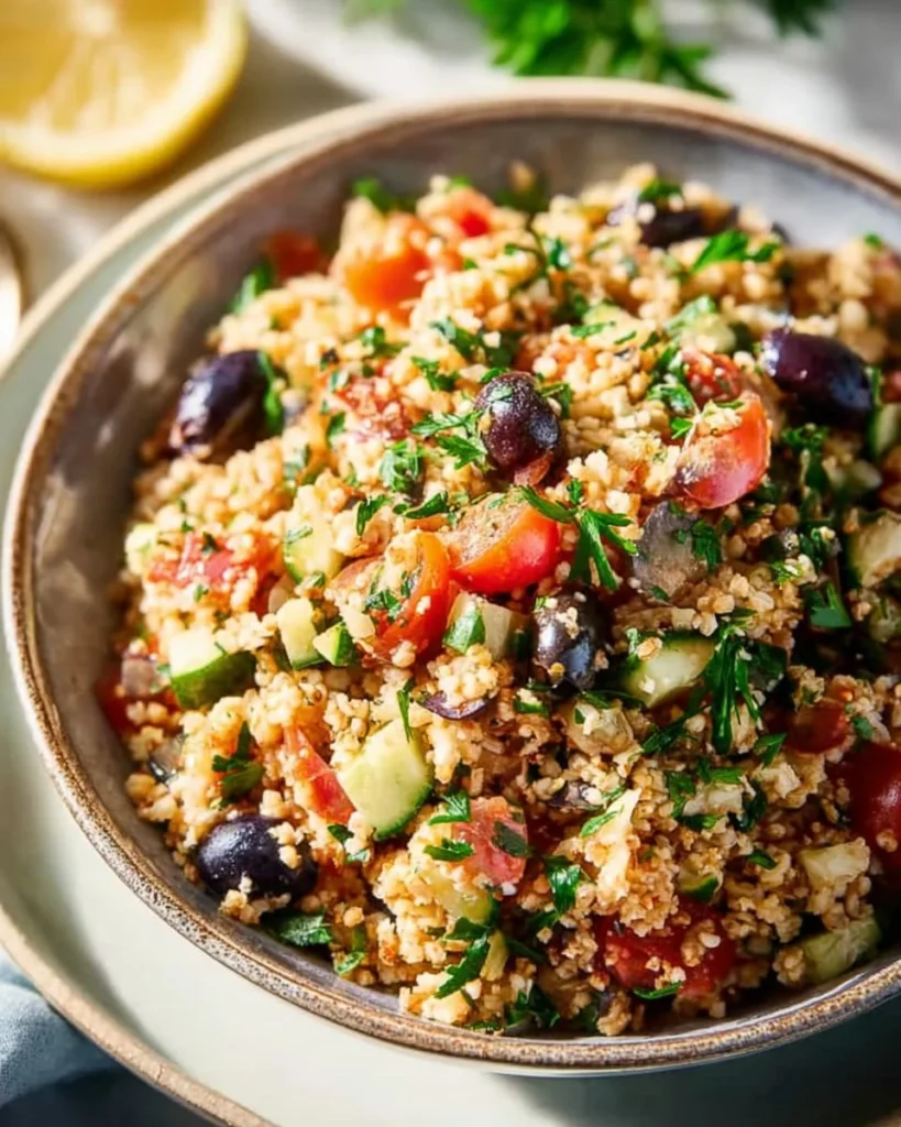 Delicious bulgar pilaf served in a bowl with fresh herbs and vegetables