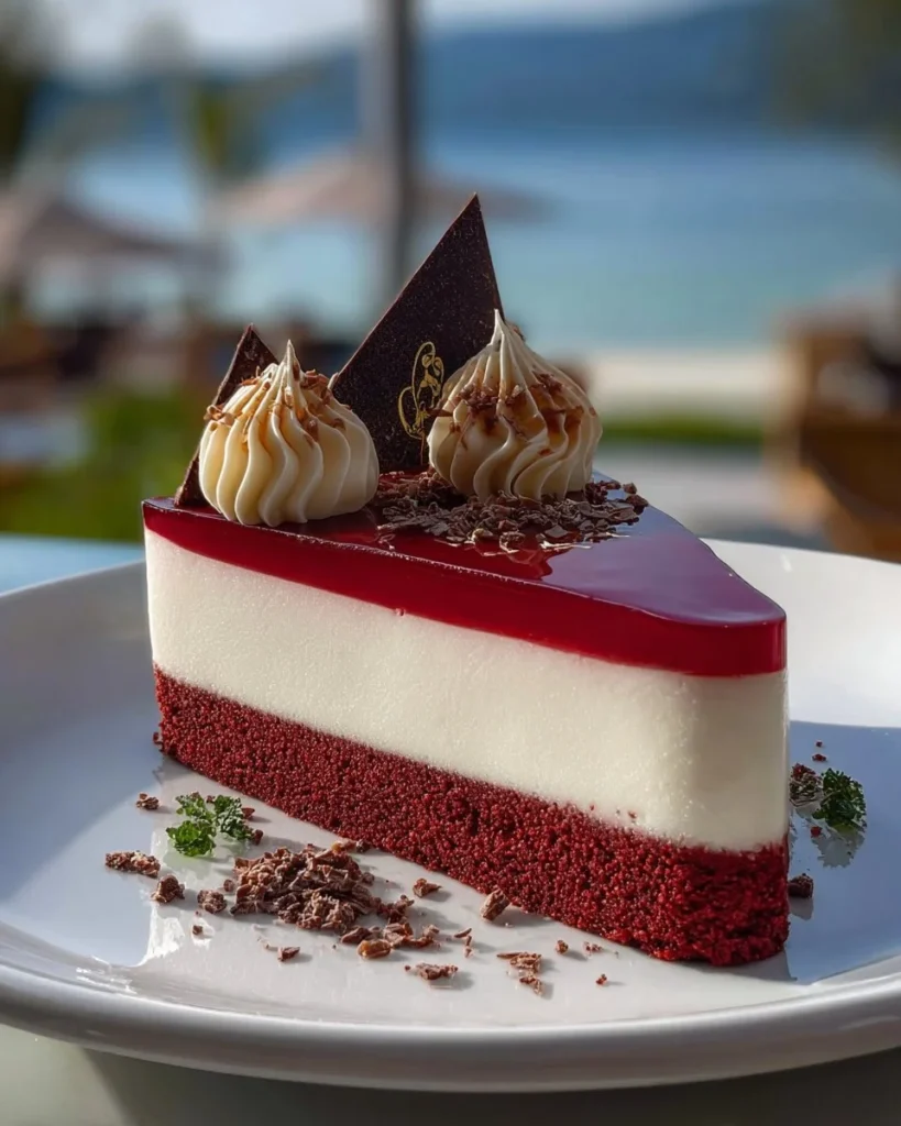 Decadent Red Velvet Berry Mousse Cake topped with fresh berries and creamy mousse.