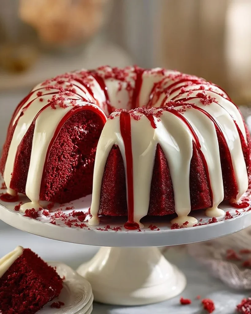 Delicious Red Velvet Bundt Cake with Cream Cheese Glaze and Raspberry Drizzle