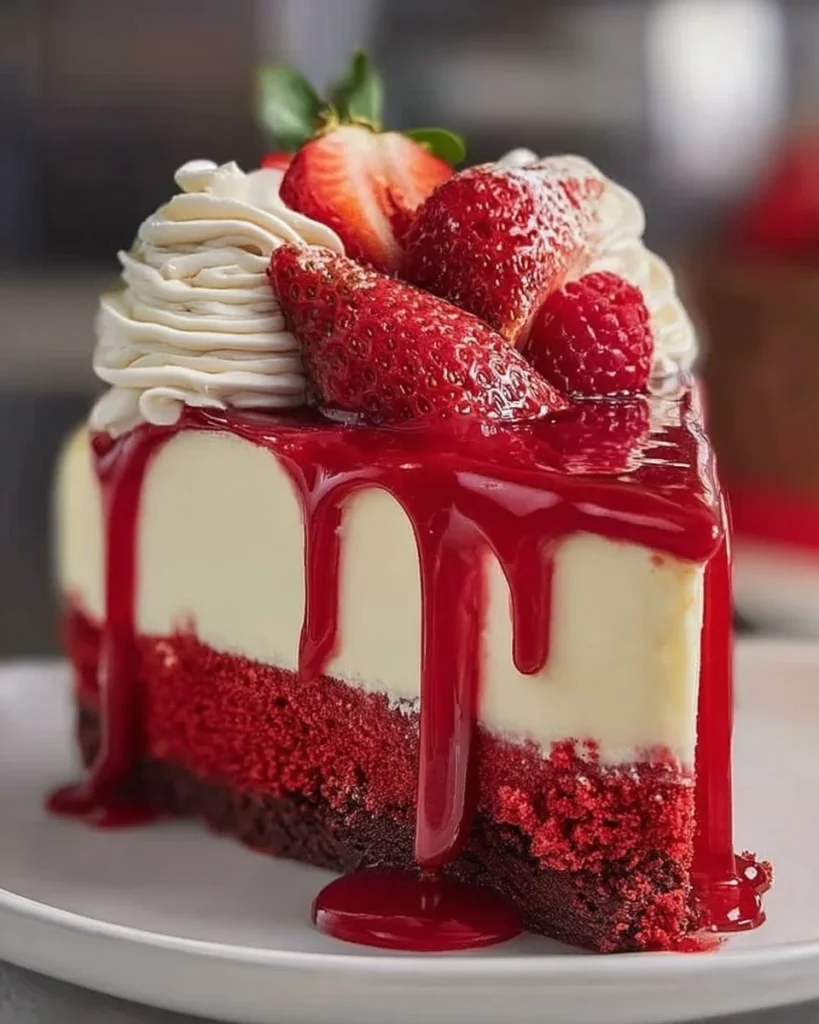 A slice of red velvet cheesecake topped with cream cheese frosting