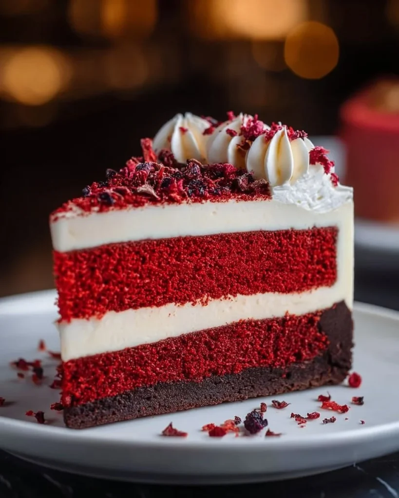 Red Velvet Cheesecake slice topped with cream cheese frosting and decorative sprinkles