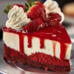 Slice of delicious Red Velvet Cheesecake topped with cream cheese frosting.