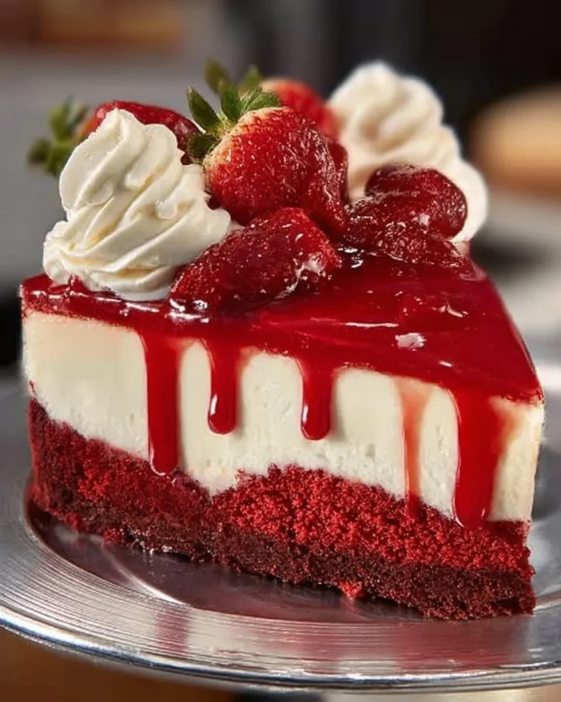 Slice of delicious Red Velvet Cheesecake topped with cream cheese frosting.
