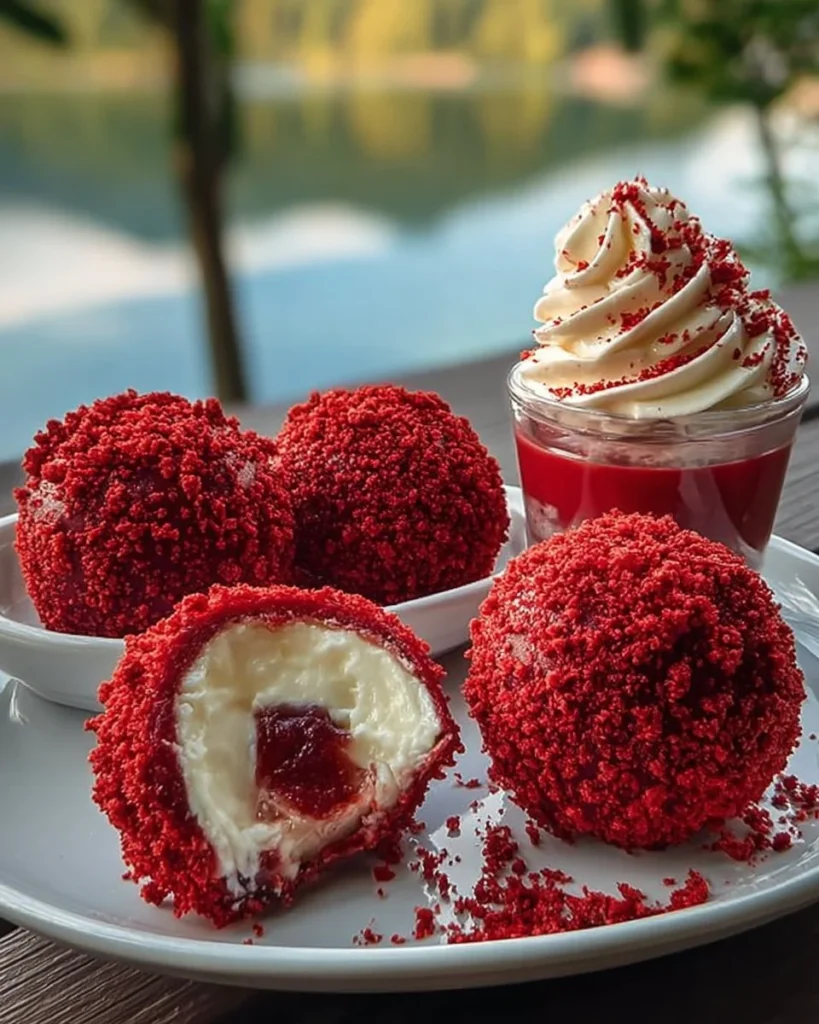 Delicious Red Velvet Cheesecake topped with fresh berries and a dipping sauce.