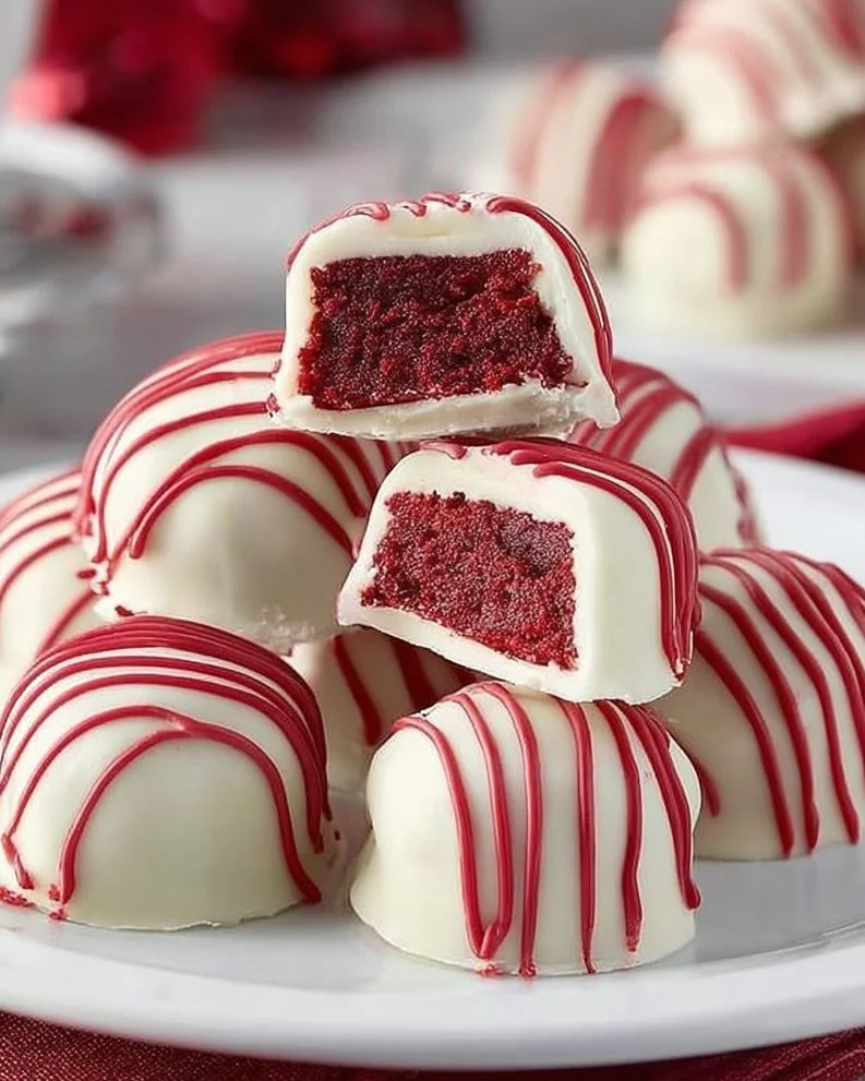 Red Velvet Cheesecake Bites topped with cream cheese frosting on a plate.