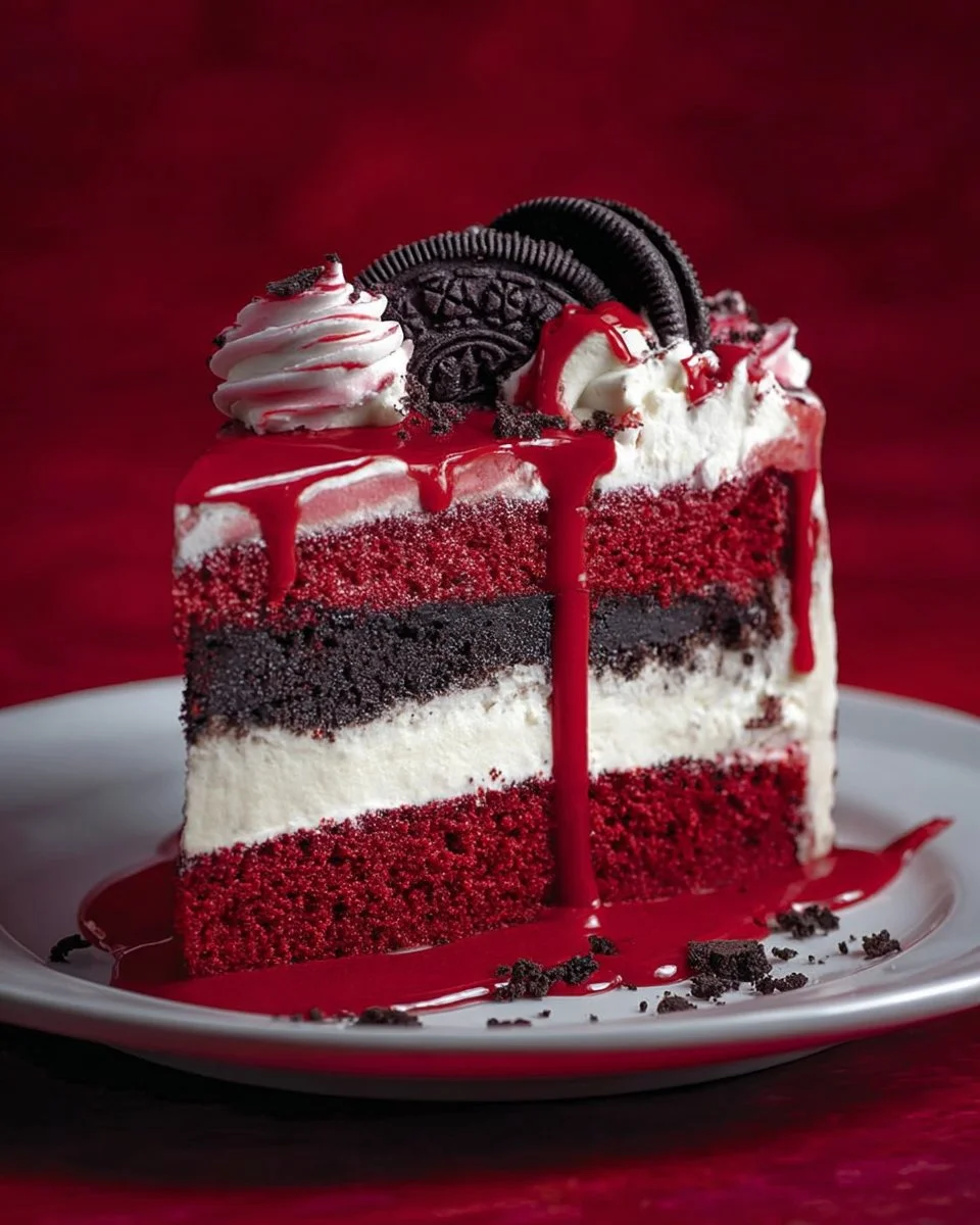 A delicious slice of red velvet cheesecake cake topped with cream cheese frosting.