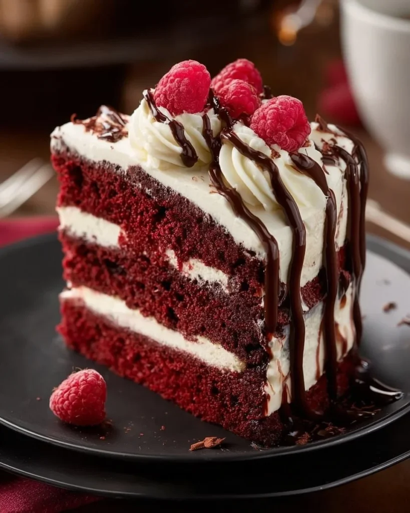 Delicious Red Velvet Cheesecake Drip Cake topped with creamy frosting and chocolate drizzle.