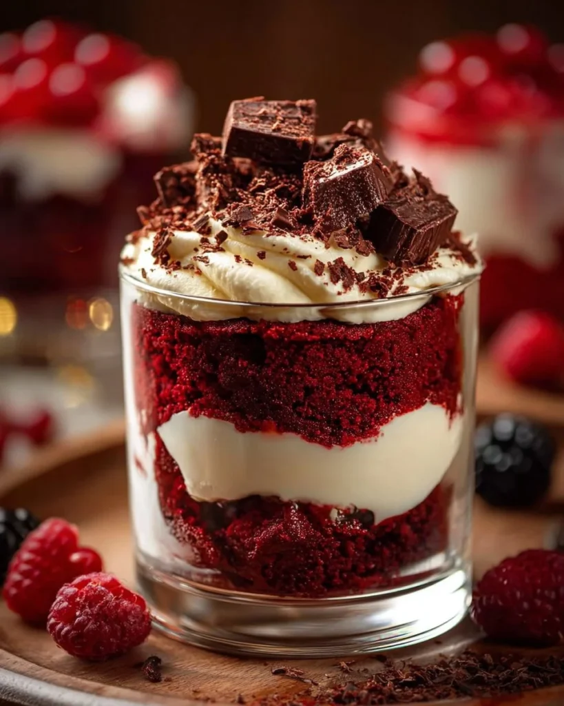 Red Velvet Cheesecake Trifle dessert with layers of cheesecake and red velvet cake