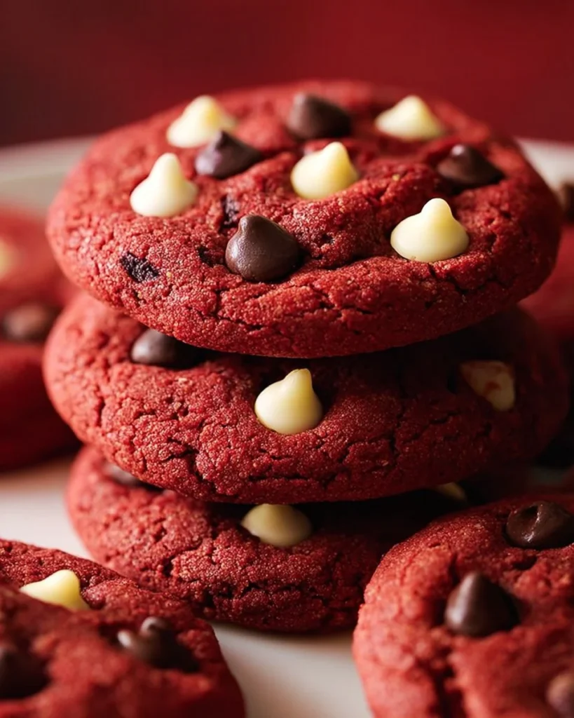Freshly baked red velvet chocolate chip cookies on a cooling rack.