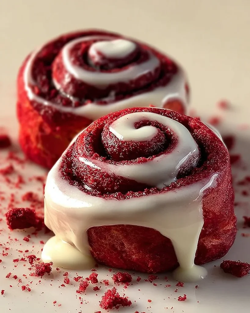 Delicious Red Velvet Cinnamon Rolls topped with cream cheese icing