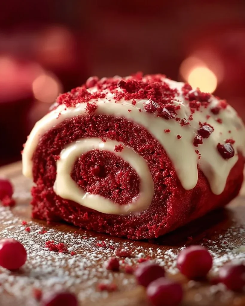 Red Velvet Cinnamon Rolls with Cream Cheese Frosting on a plate