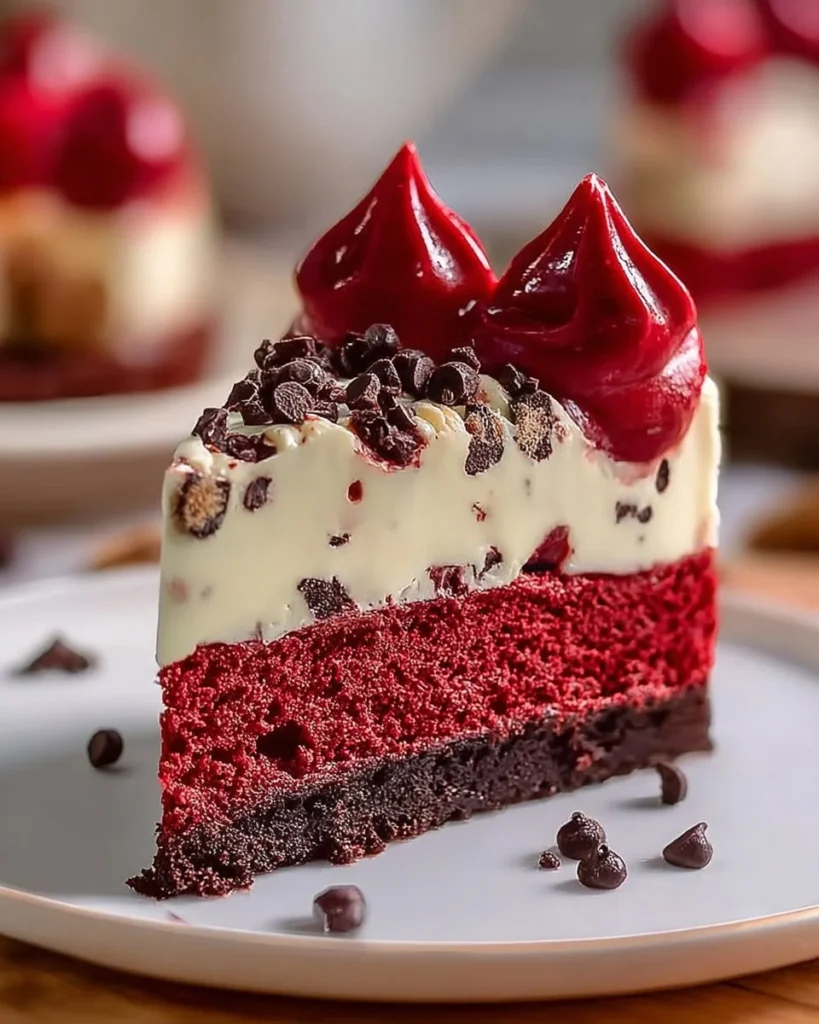 Delicious Red Velvet Cookie Dough Cheesecake slice with creamy texture and vibrant color.