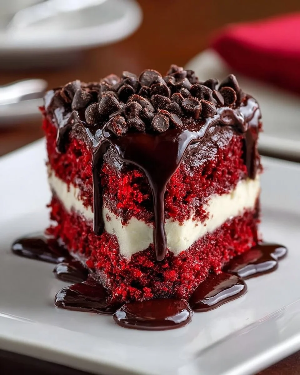 Slice of Red Velvet Cookie Dough Cheesecake on a plate