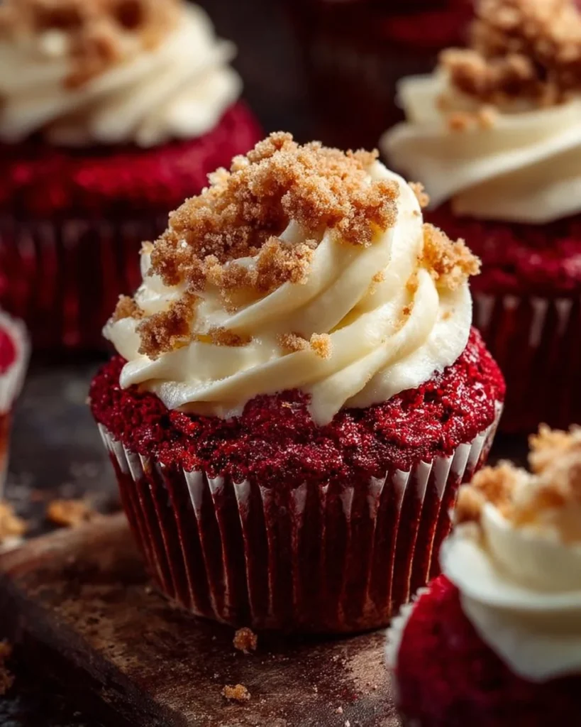 Delicious red velvet cream cheese muffins on a rustic wooden table