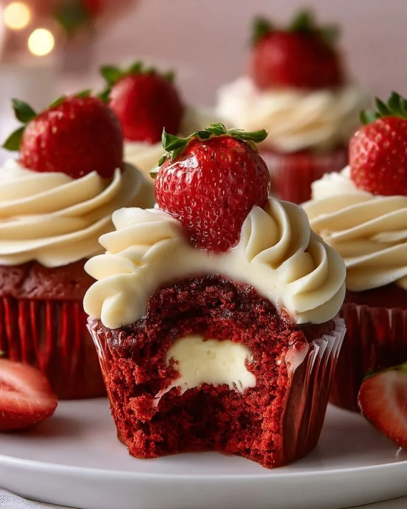 Delicious Red Velvet Cupcakes with cream cheese frosting topped with sprinkles