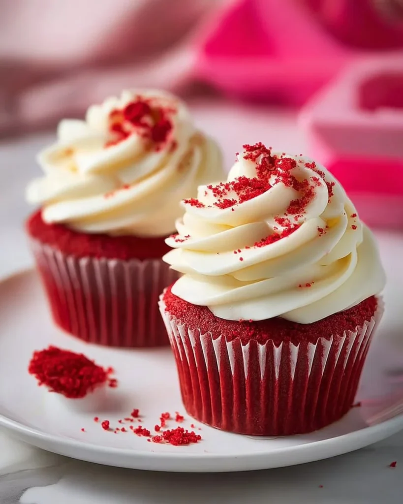 Homemade red velvet cupcakes with cream cheese frosting on a decorative plate