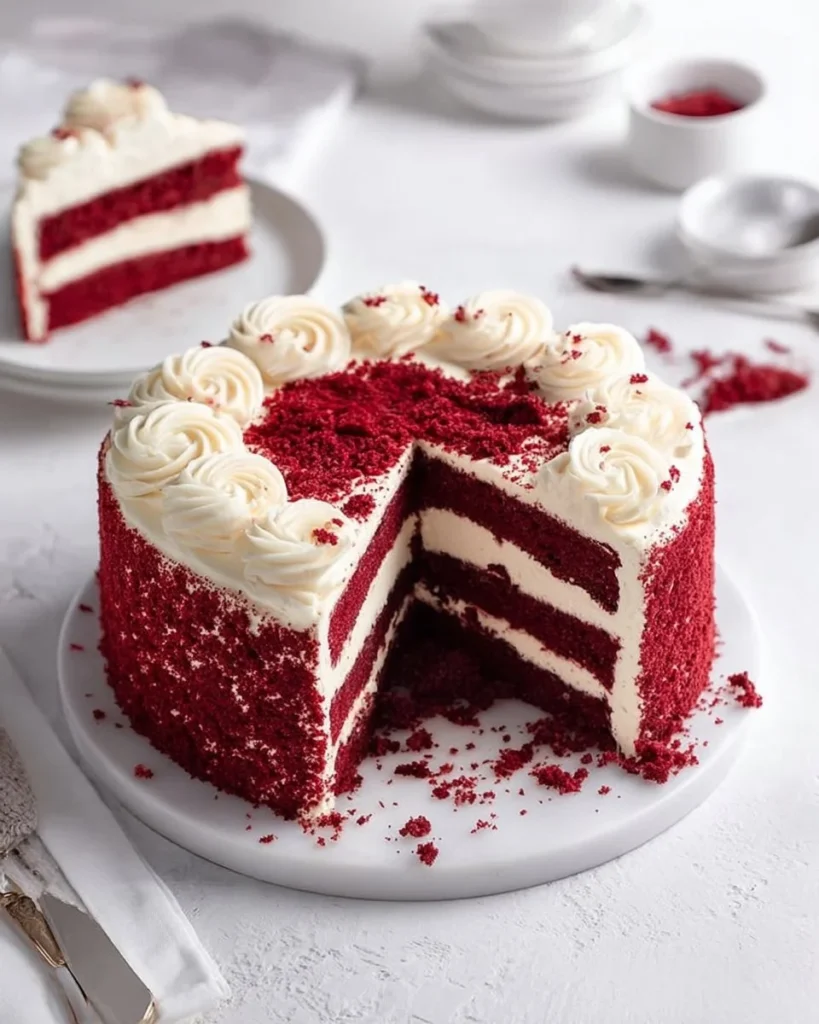Sliced Red Velvet Dream Cake with cream cheese frosting and decorative sprinkles.