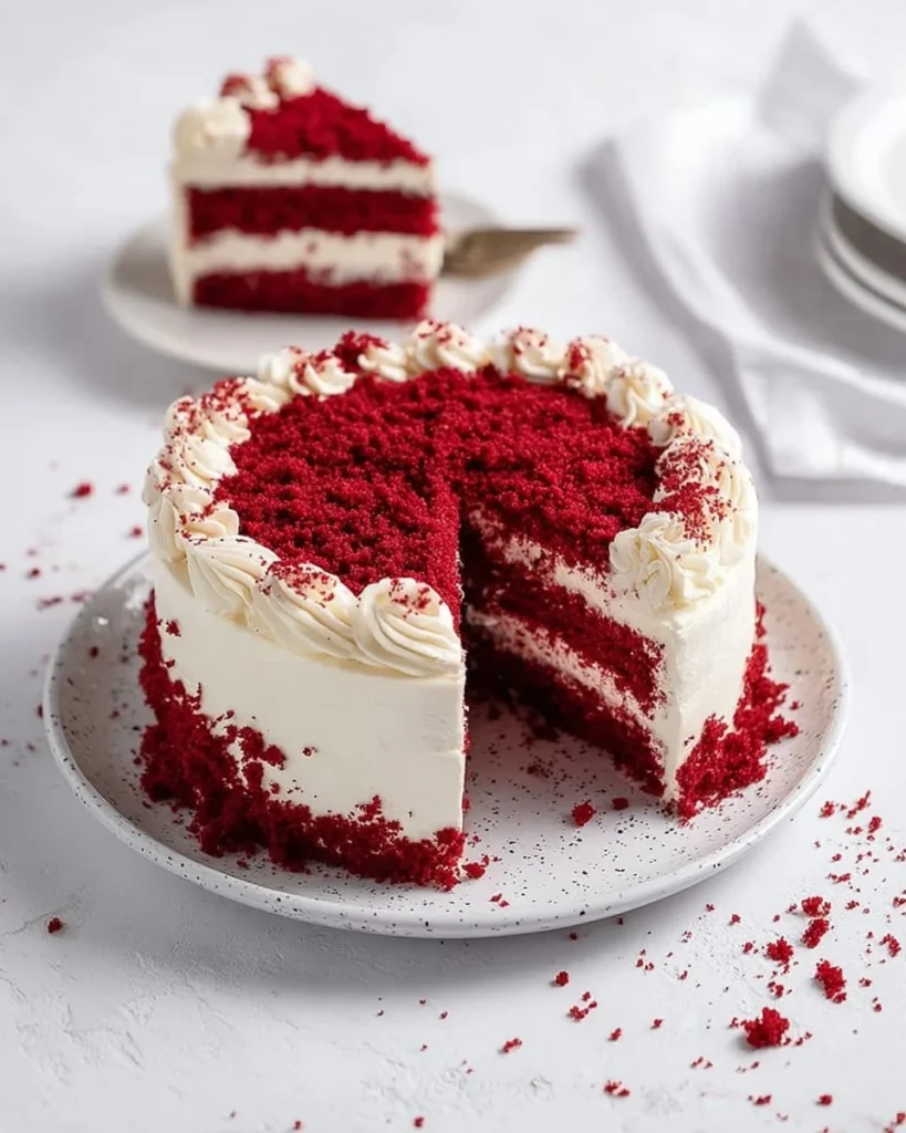 Slice of Red Velvet Dream Cake topped with cream cheese frosting