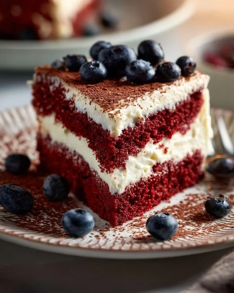 Deliciously layered Red Velvet Lasagna with creamy frosting and chocolate toppings