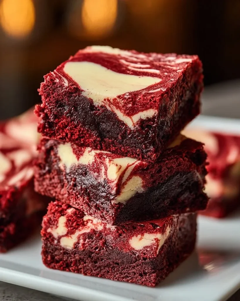 Red Velvet Marshmallow Swirl Brownies displayed on a decorative plate