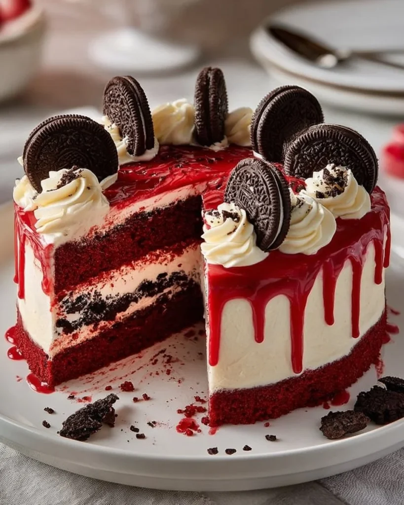 Decadent Red Velvet Oreo Cake topped with creamy frosting and Oreo crumbs