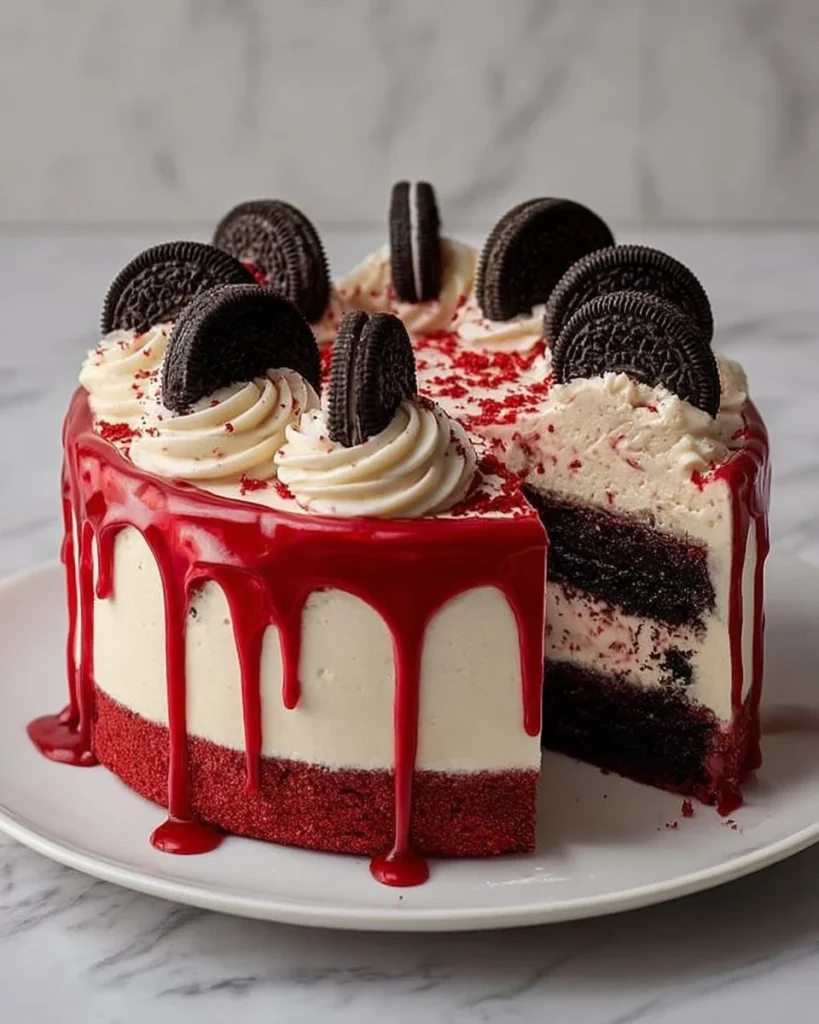 Delicious Red Velvet Oreo Cake Delight with creamy frosting and Oreo toppings