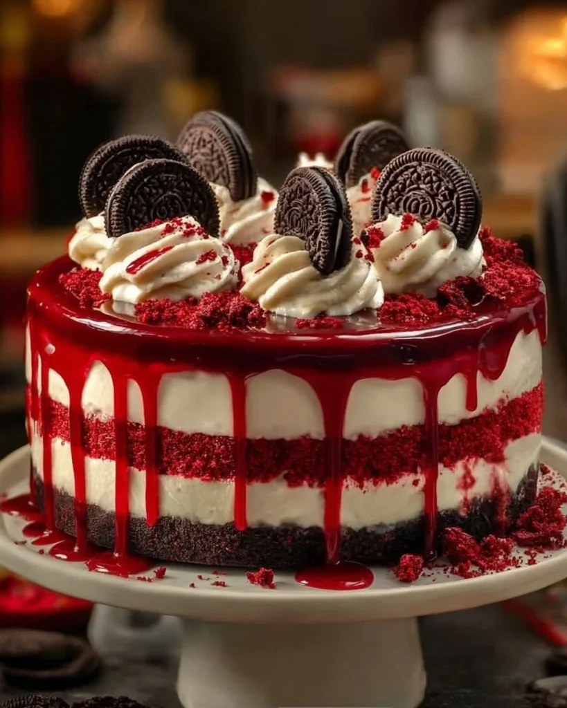 Delicious Red Velvet Oreo Cheesecake with creamy layers and Oreo topping