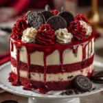 Delicious Red Velvet Oreo Cheesecake with creamy topping and crust