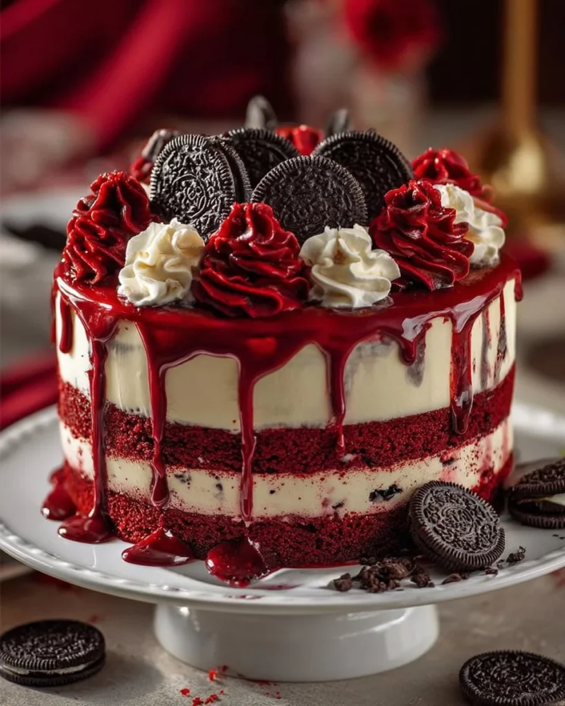 Delicious Red Velvet Oreo Cheesecake with creamy topping and crust